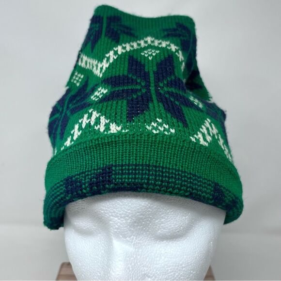Hand Knit Green White Blue Fair Isle Hat OS Unisex - Picture 2 of 10